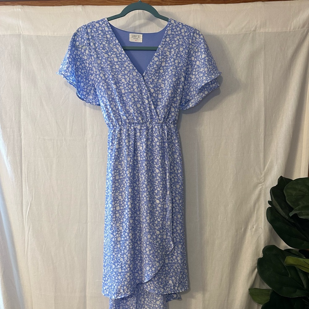 Sienna Sky Blue Floral Dress Mock Wrap XS